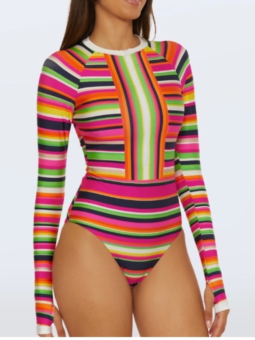 Trina Turk Striped Zip Front Paddle Suit Size Medium Swimsuit Rash Guard NWT